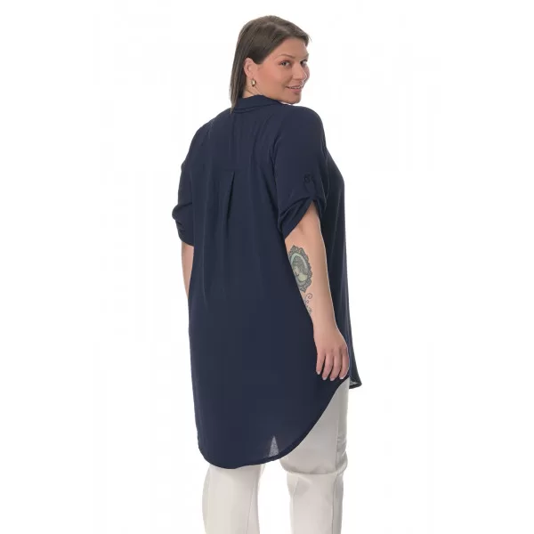 Plus Size Λινή Πουκαμίσα Με V Λαιμόκοψη - Μπλε