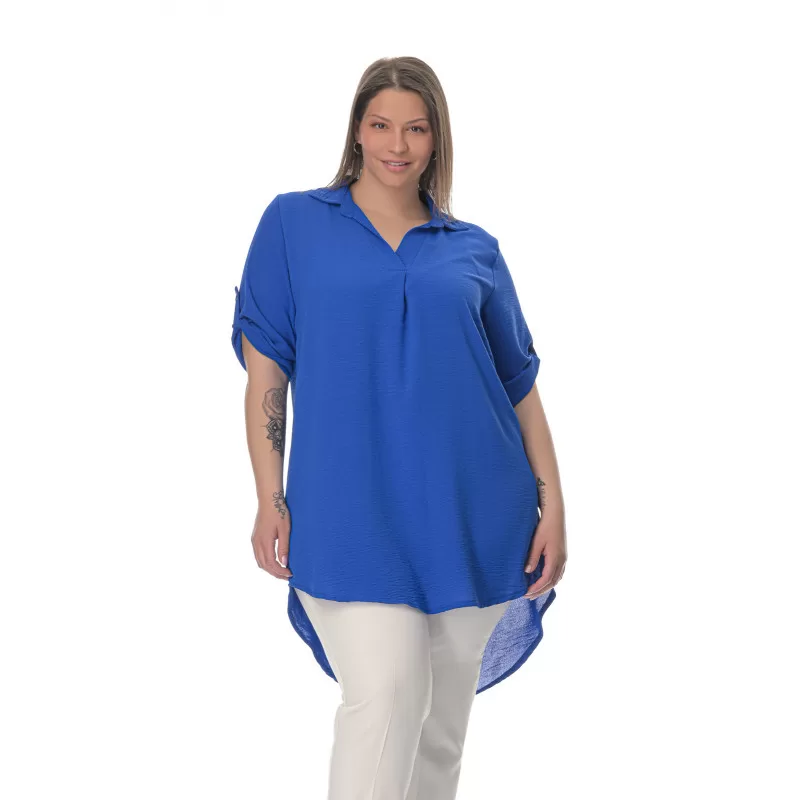 Plus Size Λινή Πουκαμίσα Με V Λαιμόκοψη - Μπλε Ρουά Plus Size Λινή Πουκαμίσα Με V Λαιμόκοψη - Μπλε Ρουά