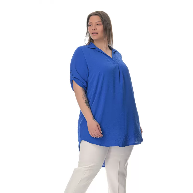 Plus Size Λινή Πουκαμίσα Με V Λαιμόκοψη - Μπλε Ρουά Plus Size Λινή Πουκαμίσα Με V Λαιμόκοψη - Μπλε Ρουά