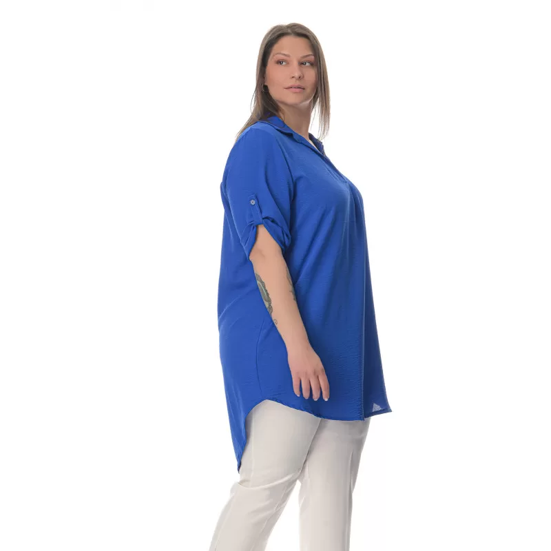 Plus Size Λινή Πουκαμίσα Με V Λαιμόκοψη - Μπλε Ρουά Plus Size Λινή Πουκαμίσα Με V Λαιμόκοψη - Μπλε Ρουά