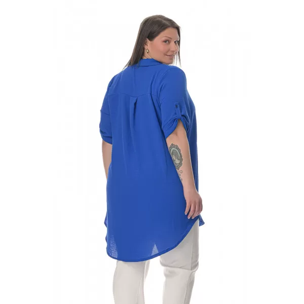 Plus Size Λινή Πουκαμίσα Με V Λαιμόκοψη - Μπλε Ρουά