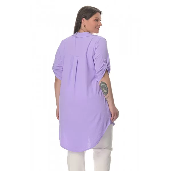 Plus Size Λινή Πουκαμίσα Με V Λαιμόκοψη - Λιλά