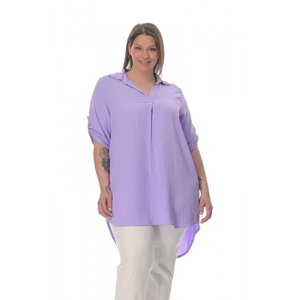 Plus Size Λινή Πουκαμίσα Με V Λαιμόκοψη - Λιλά