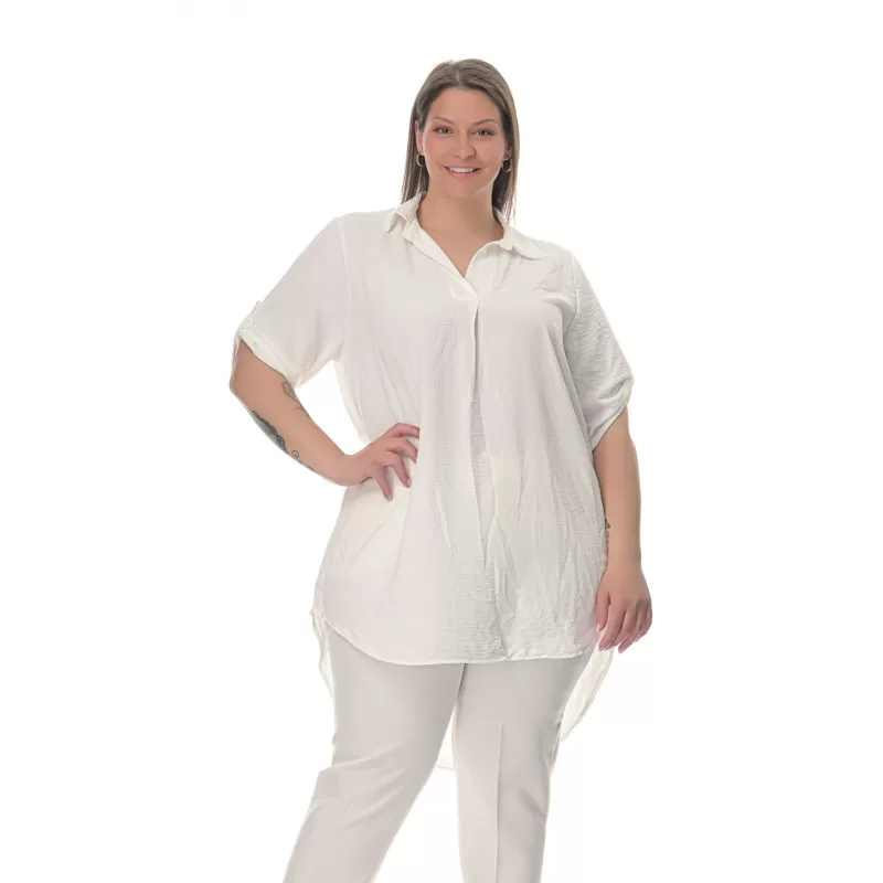 Plus Size Λινή Πουκαμίσα Με V Λαιμόκοψη - Λεύκο Plus Size Λινή Πουκαμίσα Με V Λαιμόκοψη - Λεύκο