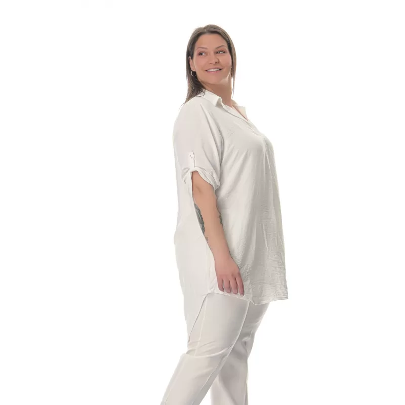 Plus Size Λινή Πουκαμίσα Με V Λαιμόκοψη - Λεύκο Plus Size Λινή Πουκαμίσα Με V Λαιμόκοψη - Λεύκο