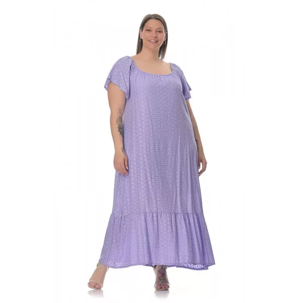 Plus Size Φόρεμα Κεντητό Με Βολάν - Μωβ