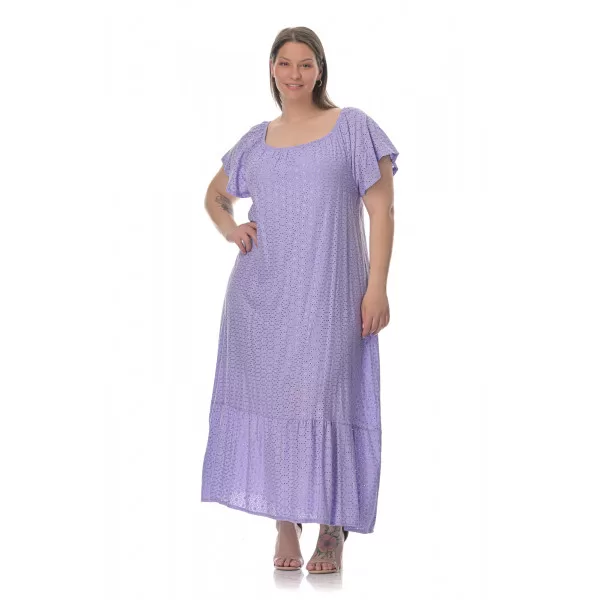 Plus Size Φόρεμα Κεντητό Με Βολάν - Μωβ