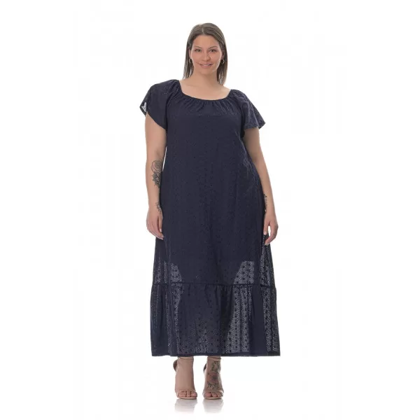 Plus Size Φόρεμα Κεντητό Με Βολάν - Μπλε