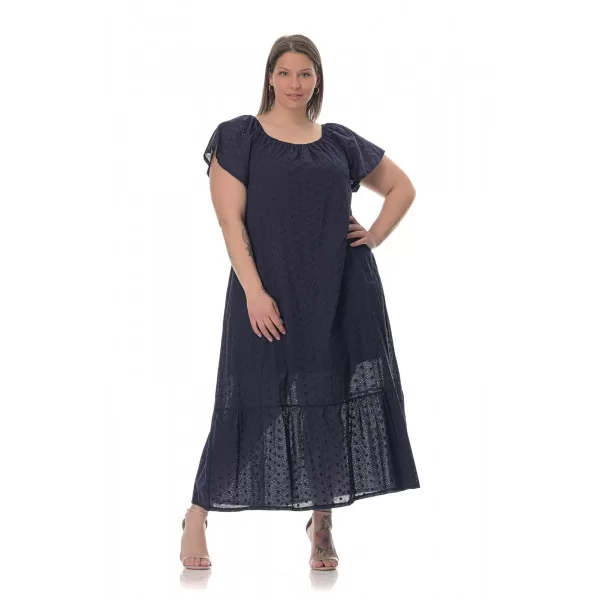 Plus Size Φόρεμα Κεντητό Με Βολάν - Μπλε