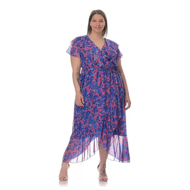 Plus Size Φόρεμα Floral Με Βολάν - Μπλε Plus Size Φόρεμα Floral Με Βολάν - Μπλε