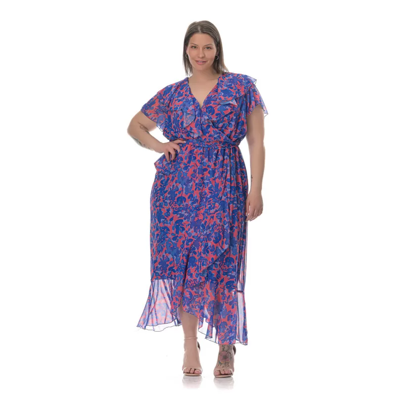 Plus Size Φόρεμα Floral Με Βολάν - Μπλε Plus Size Φόρεμα Floral Με Βολάν - Μπλε