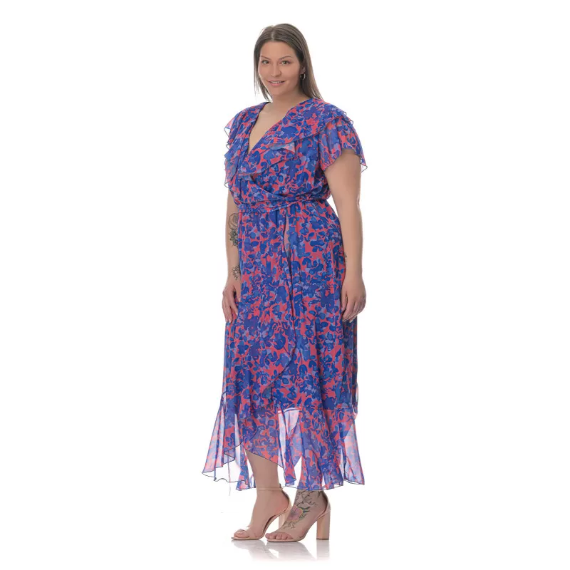 Plus Size Φόρεμα Floral Με Βολάν - Μπλε Plus Size Φόρεμα Floral Με Βολάν - Μπλε