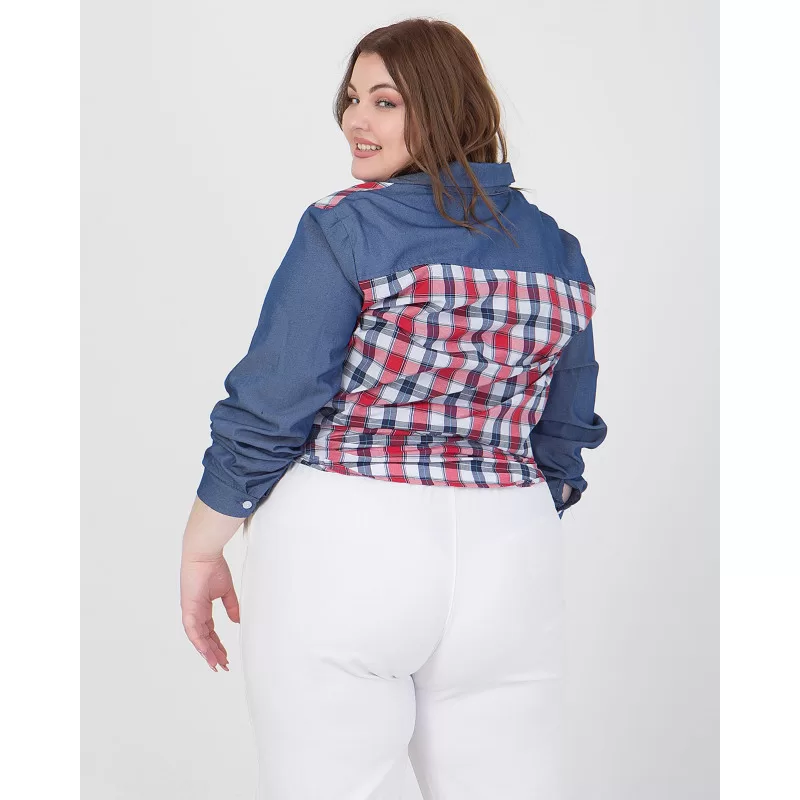 Plus Size Πουκάμισο Denim Καρό - Μπλε Plus Size Πουκάμισο Denim Καρό - Μπλε