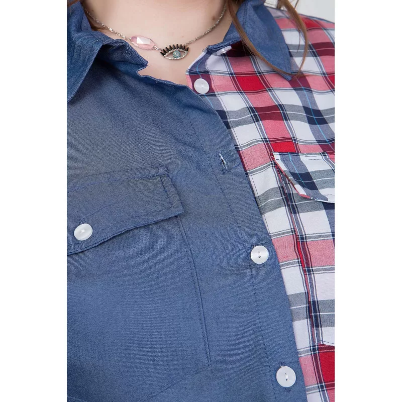 Plus Size Πουκάμισο Denim Καρό - Μπλε Plus Size Πουκάμισο Denim Καρό - Μπλε