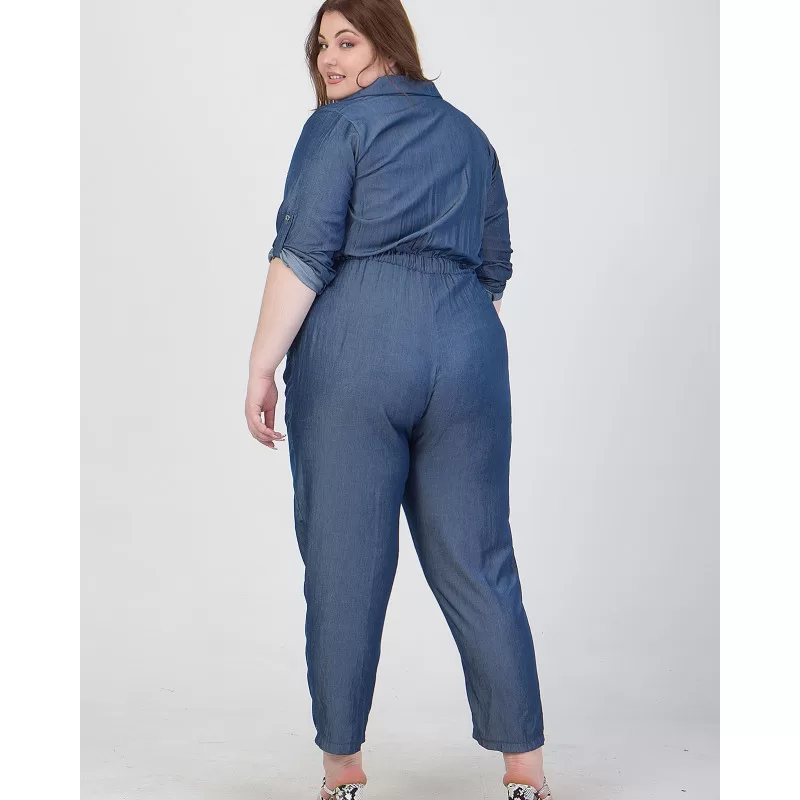 Plus Size Denim Ολόσωμη Φόρμα - Μπλε Plus Size Denim Ολόσωμη Φόρμα - Μπλε