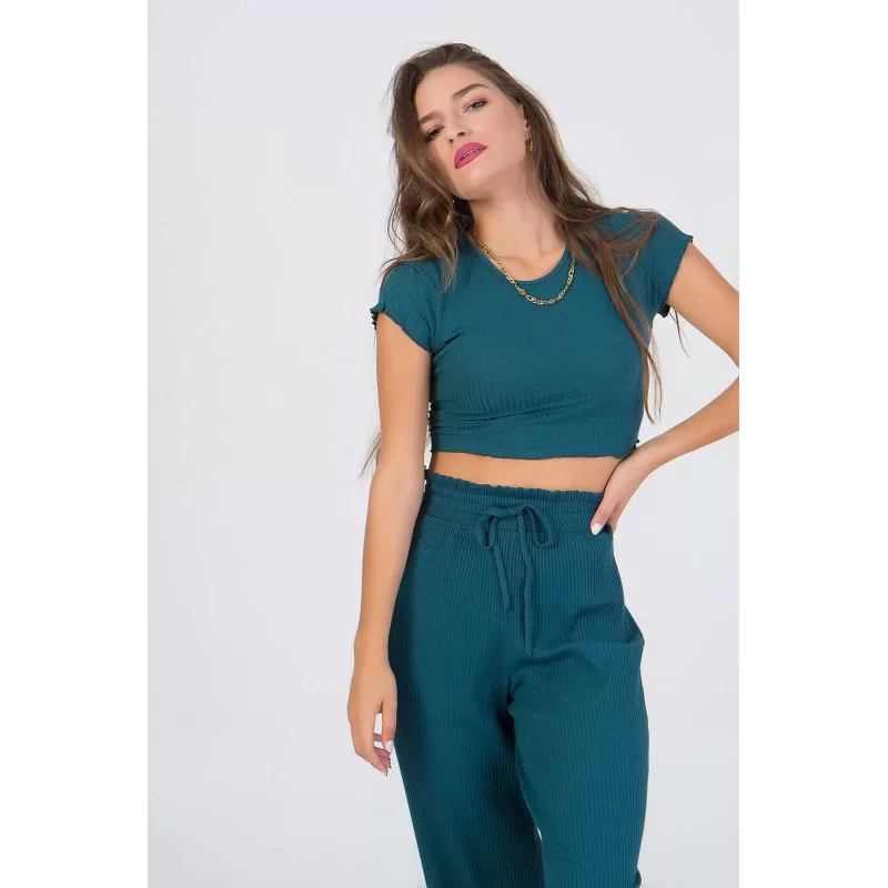 Set Παντελόνα/Crop Top Ριμπ - Πετρόλ Set Παντελόνα/Crop Top Ριμπ - Πετρόλ