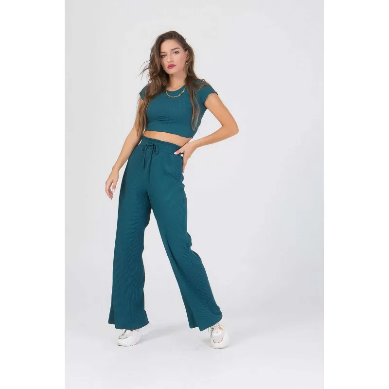 Set Παντελόνα/Crop Top Ριμπ - Πετρόλ Set Παντελόνα/Crop Top Ριμπ - Πετρόλ