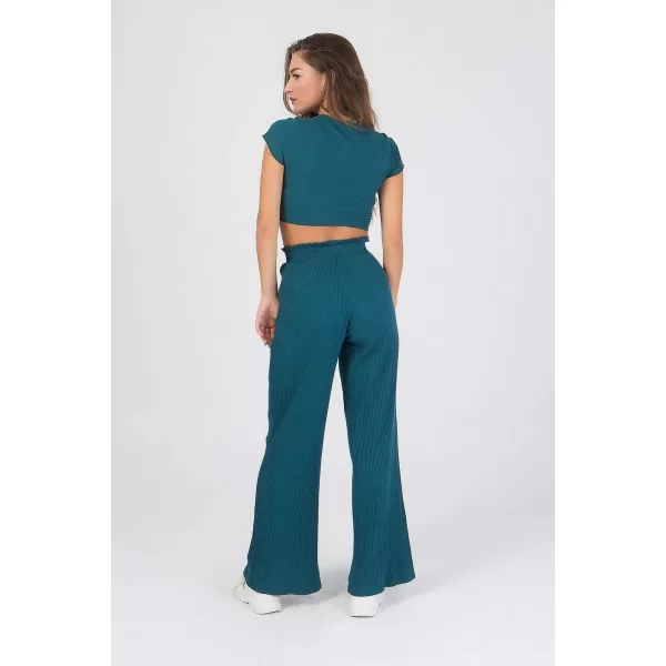Set Παντελόνα/Crop Top Ριμπ - Πετρόλ