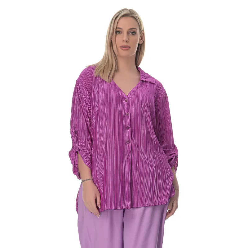 Plus Size Πουκαμίσα Πλισέ - Μωβ Plus Size Πουκαμίσα Πλισέ - Μωβ