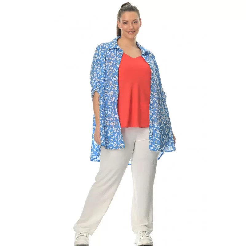 Plus Size Πουκάμισο Floral Tropical - Γαλάζιο Plus Size Πουκάμισο Floral Tropical - Γαλάζιο