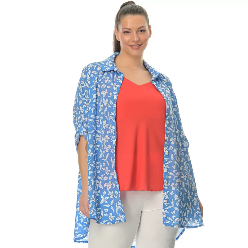 Plus Size Πουκάμισο Floral Tropical - Γαλάζιο Plus Size Πουκάμισο Floral Tropical - Γαλάζιο