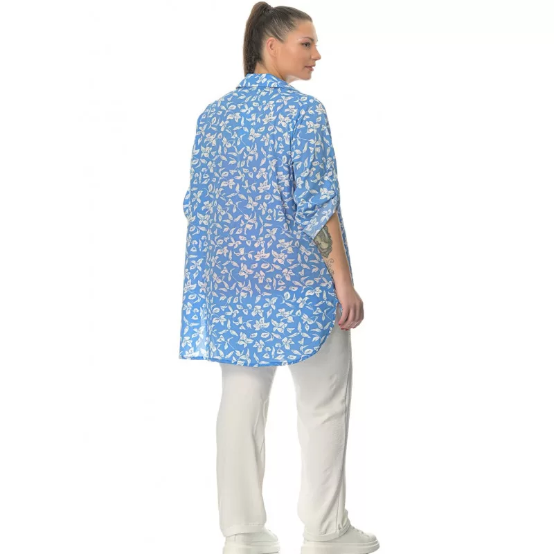 Plus Size Πουκάμισο Floral Tropical - Γαλάζιο Plus Size Πουκάμισο Floral Tropical - Γαλάζιο