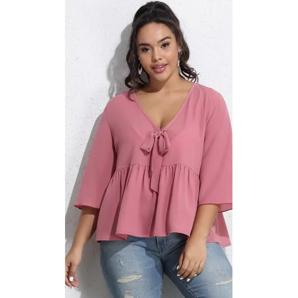 Plus Size Μπλούζα με Φιόγκο - Ροζ