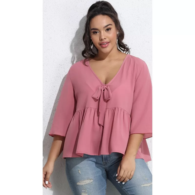 Plus Size Μπλούζα με Φιόγκο - Ροζ Plus Size Μπλούζα με Φιόγκο - Ροζ