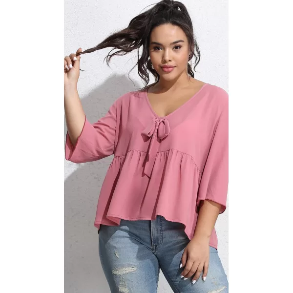 Plus Size Μπλούζα με Φιόγκο - Ροζ