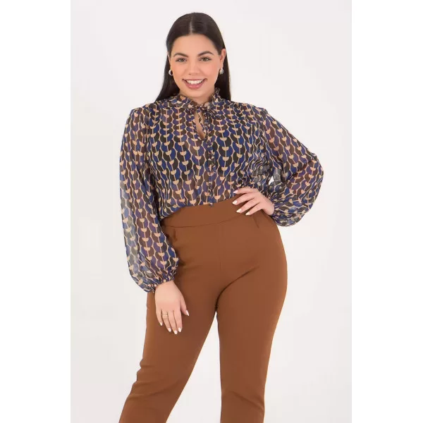 Plus Size Μπλούζα Floral Διαφάνεια - Μπλε