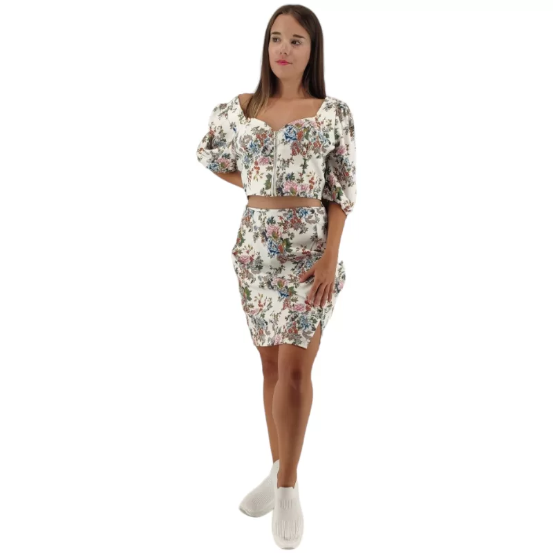 Set Top/Φούστα Σατέν Floral - Λευκό Set Top/Φούστα Σατέν Floral - Λευκό