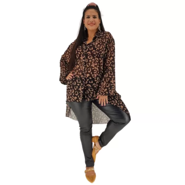 Plus Size Πουκάμισο Ασύμμετρο Κάου - Μαύρο/Καφέ