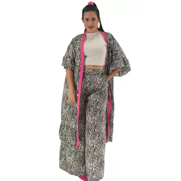 Plus Size Set Παντελόνα Oversized με Κιμονό Ζέβρα - Ασπρόμαυρο